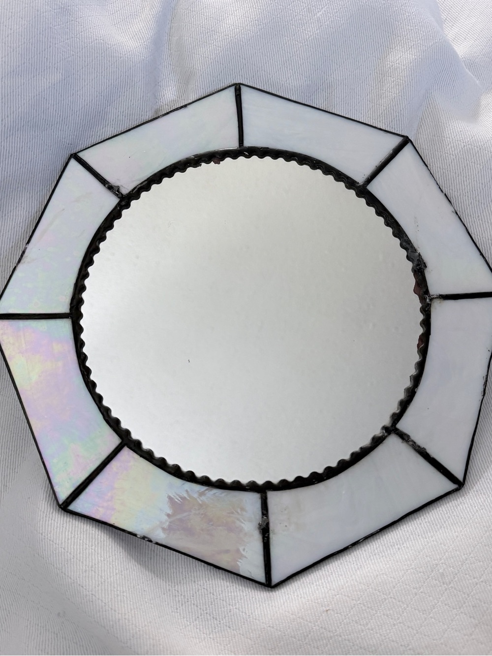 Vintage Signed Stained Glass Mirror Iridescent White Opal Octagon 11 In